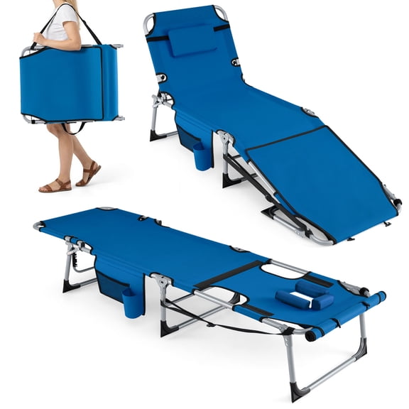 Gymax Folding Tanning Chair Sunbathing Recliner w/Face Hole & Removable Pillow Adjustable Backrest & Leg Positions Blue