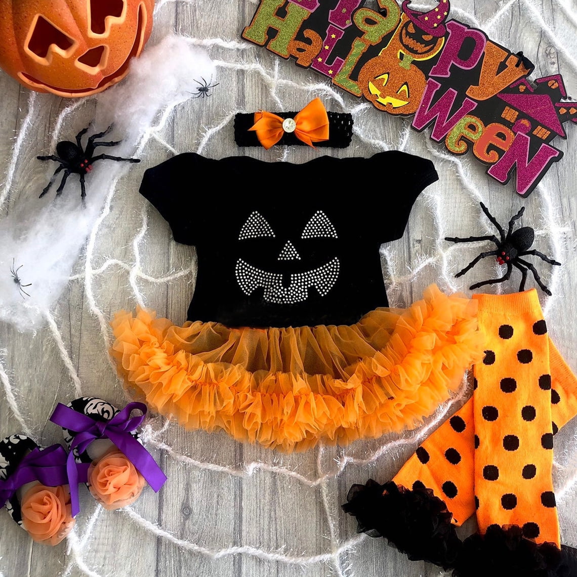 Baby Girls Pumpkin Romper Outfits Costume Halloween Dress Infant Gifts Set 4Pcs 