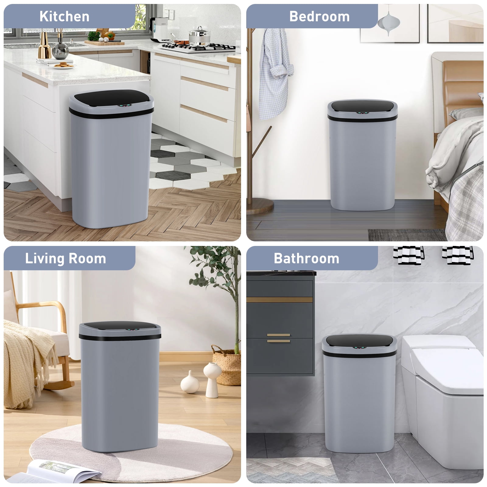 BIQWBIC 13 Gallon Tall Automatic Trash Can | Touch-Free Motion Sensor | High-Capacity Kitchen Trash Can | Waterproof Bathroom Trash Can | Living Room & Office Trash Can- 49L Waste Bin (1, Gray)