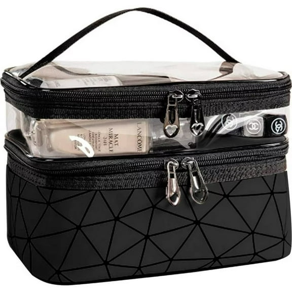 CNKOO Makeup Bags Double Layer Travel Storage Cosmetic Cases Make-up Organizer Toiletry Bags Water-resistant for Women Makeup Brush Bag,Black