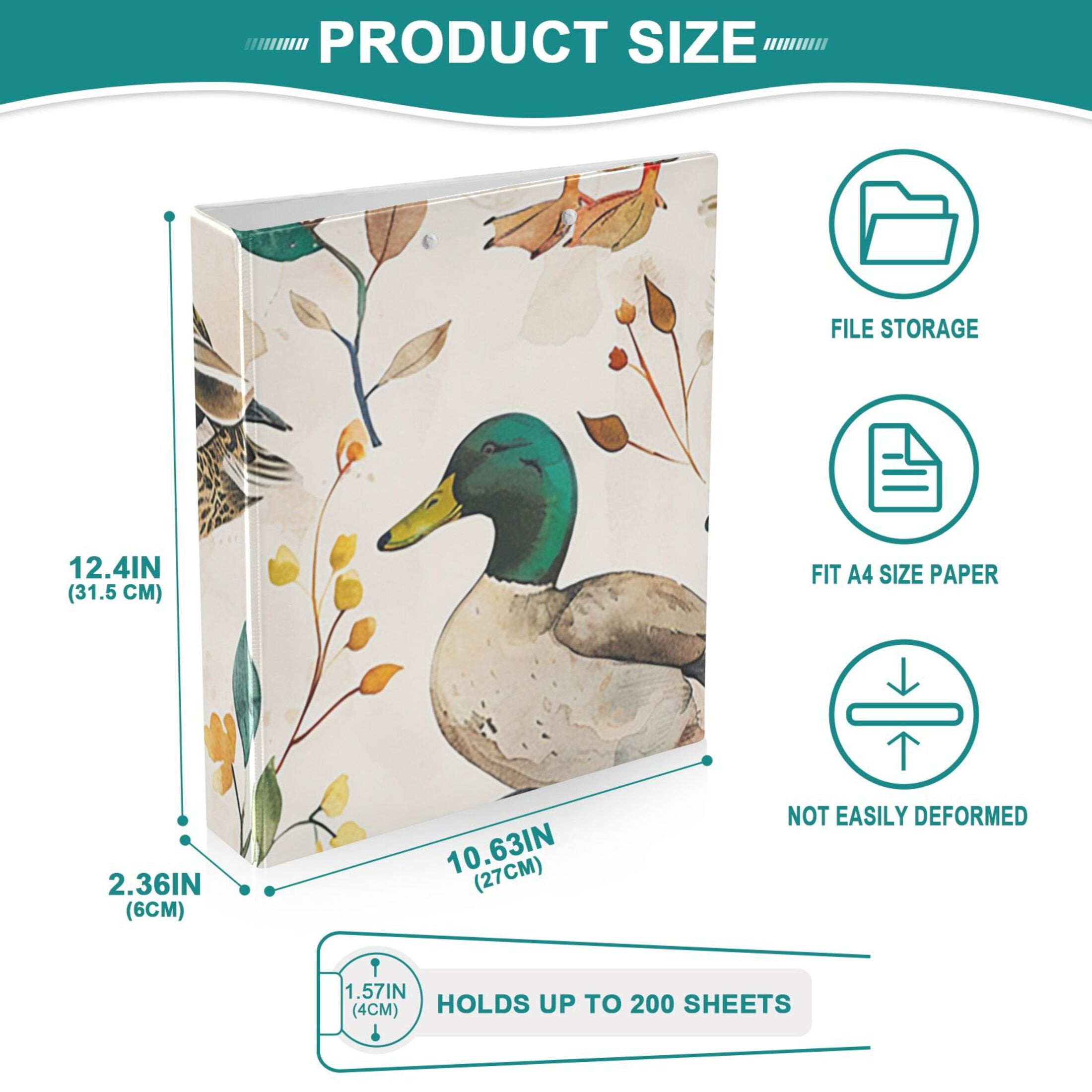 Ducks Leaves 3 Ring Binders 1.5 inch Hardcover File Folders with Interior Pockets A4 Size Organizer for School Office Hospital