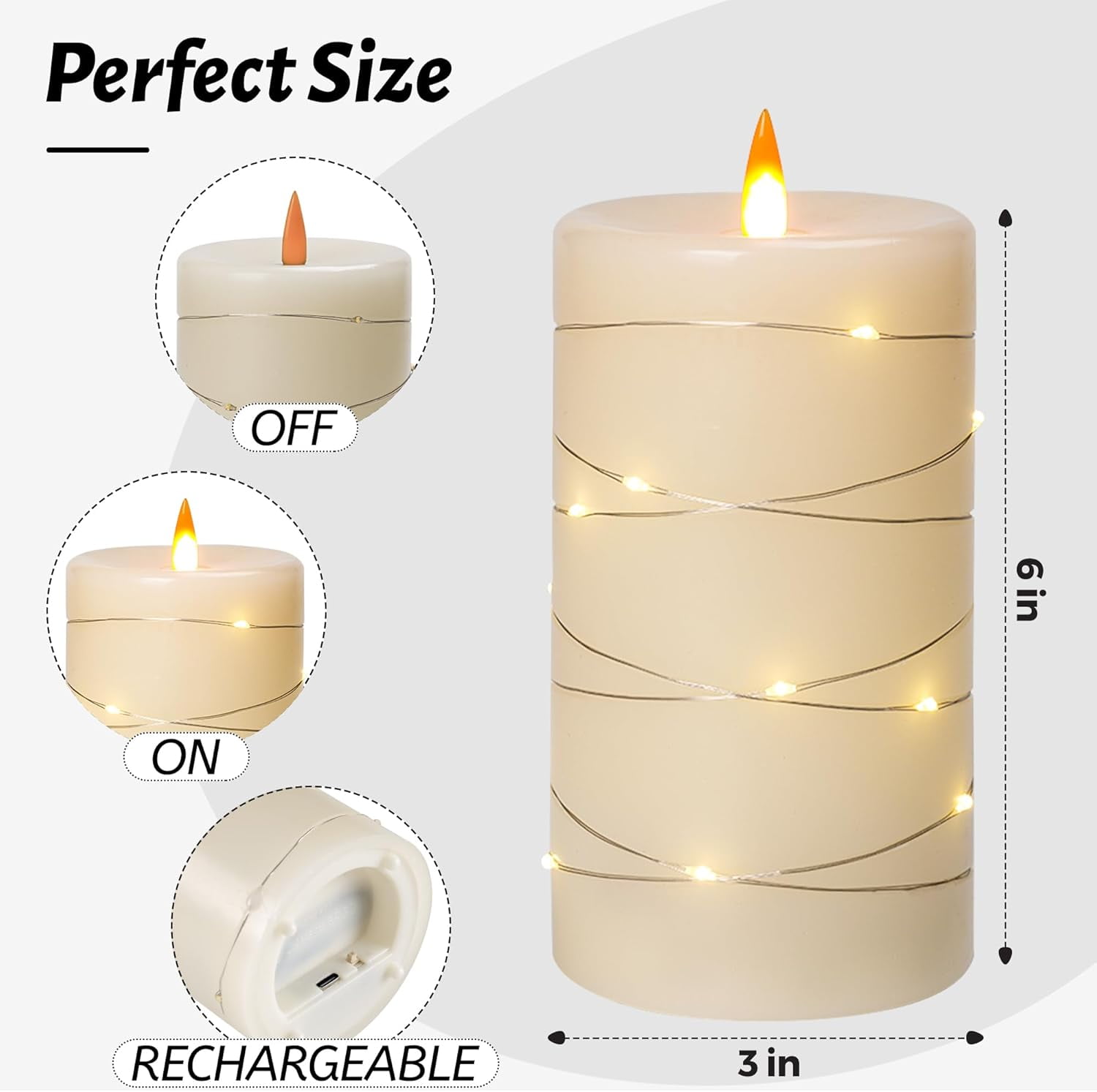 ZM Rechargeable Flameless Candles, LED Candles, Candles with Remote and Timers, Real Wax Pillar Candles, with Flickering Embedded Star String，Ivory White, Set of 2