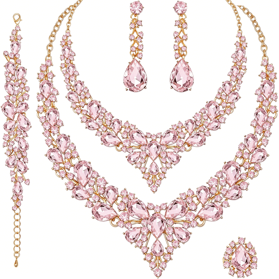 DESIGNICE Crystal Necklace Earrings Bracelet Ring Bridal Jewelry Sets for Brides Wedding Party Costume Accessories Gifts for Women