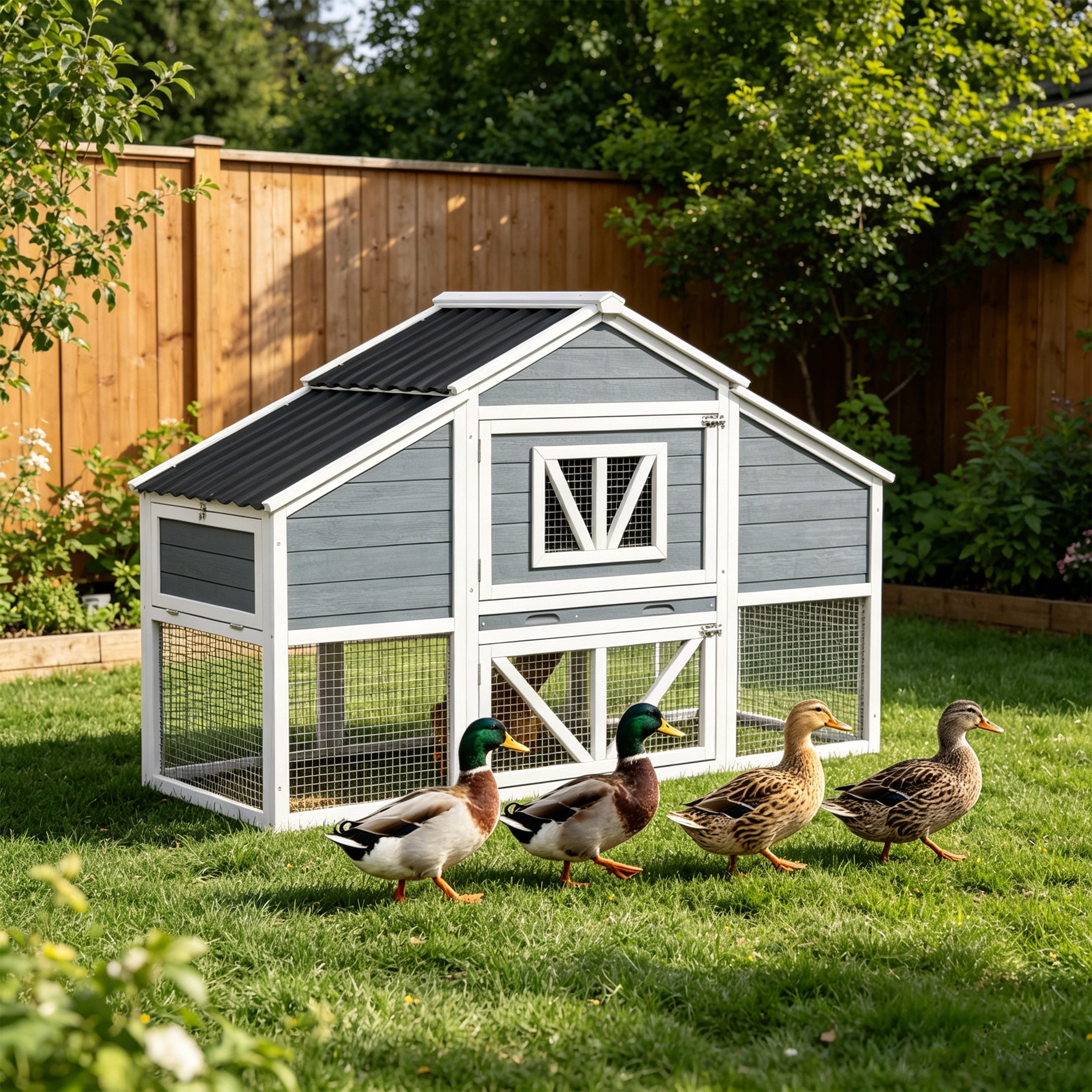 Outdoor 2 Story Duck Coop with 4 Nesting Boxes, Predator Proof Duck House for 4-6 Ducks, 66.2",White & Gray