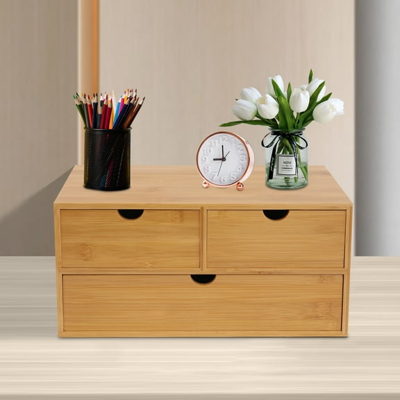 Dwellnix Tabletop Mini Bamboo Desk Bamboo Desk OrganizerDrawer Storage Box W 3 Drawers