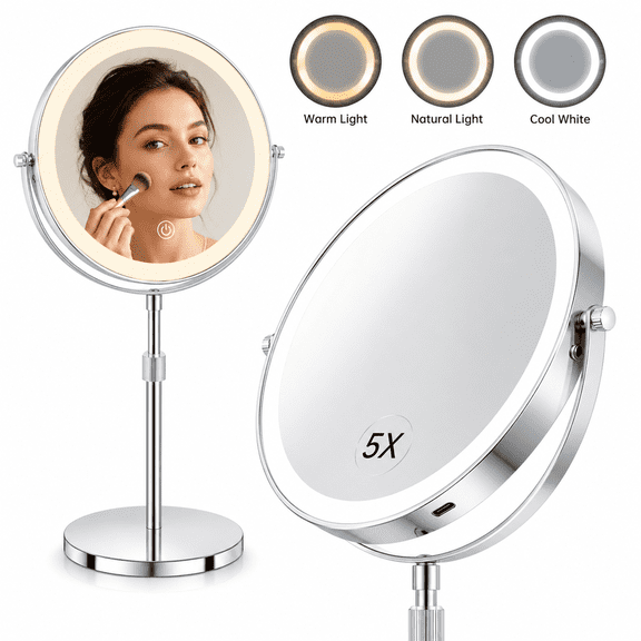 JUUTREN Makeup Mirror with 3 Color Lights, Rechargeable Vanity Mirror, 1X/5X 360 Rotation Double Sided Magnifying Makeup Mirror, 4"Height & Brightness Adjustable, 8"travel Mirror with Detachable Base