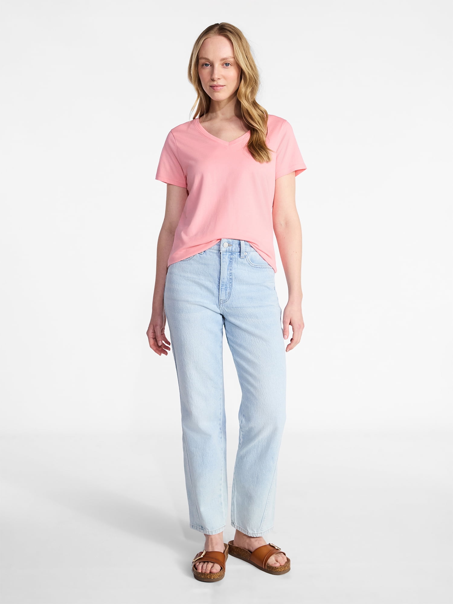 Time and Tru Women's Cotton V-Neck Tee with Short Sleeves, Sizes XS-4X