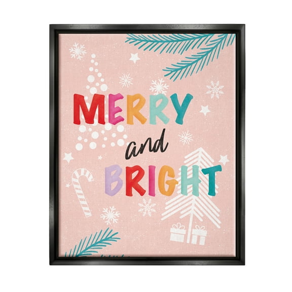 Stupell Industries Merry & Bright Pastel Phrase Holiday Painting Black Floater Framed Art Print Wall Art