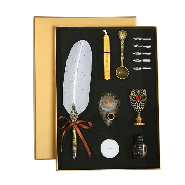 Vintage Feather Pen and Ink Set Glittering Quill Pen Fountain Pen Calligraphy Dip Pen Writing