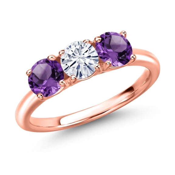 Gem Stone King 18K Rose Gold Plated Silver White Moissanite and Purple Amethyst Engagement Ring for Women | 1.45 Cttw | Round 5MM | Gemstone Birthstone | Size 5