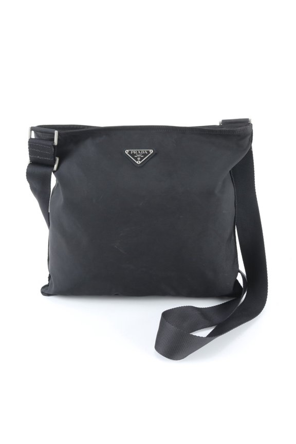 Pre-Owned Prada Tessuto Nylon Triangle Logo Leather Shoulder Bag, Crossbody Messenger Black,...