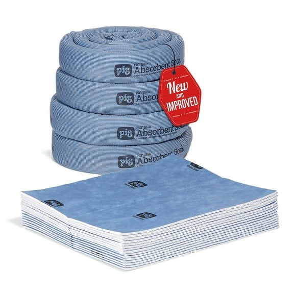 PIG® Home Water Absorbing Kit 12 Gallons - Protect your home from water damage, Includes: (4) 3" x 10' reusable hurricane socks and (15) 15" x 19" super absorbent water pads