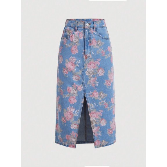 Womens Multicolor Floral A-Line Denim Midi Skirt With Front Slit