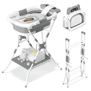 COOSEYA 2-in-1 Baby Bathtub with Stand and Storage Shelf, Foldable Elevated Baby Bath Tub with Thermometer & Soft Cushion for Newborn to Toddler 0-2 Years, Gray