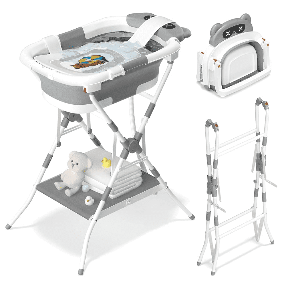 COOSEYA 2-in-1 Baby Bathtub with Stand and Storage Shelf, Foldable Elevated Baby Bath Tub with Thermometer & Soft Cushion for Newborn to Toddler 0-2 Years, Gray
