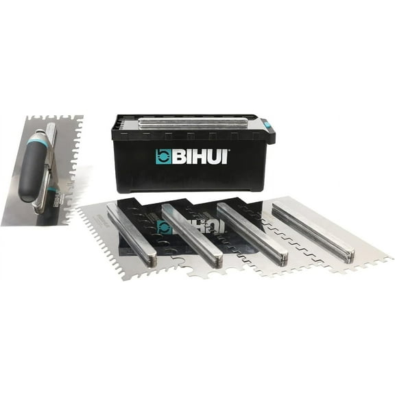 8-Piece Tile Trowel Set in Stainless Steel - 1 Changeable TPR Handle with Square, Round, Tiger and Diagonal Notch Trowels and Storage Tool Box