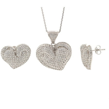 Pori Jewelers Sterling Silver Micro-Pave Heart Earring and Pendant Set