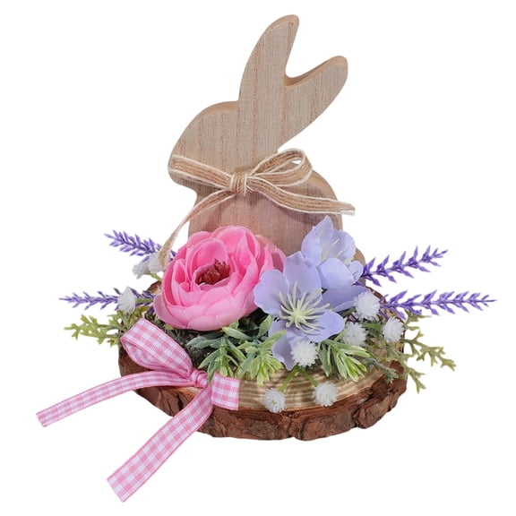 Easter Wooden Bunny Decor with Artificial Floral Arrangement, Spring Farmhouse Table Centerpiece for Home Garden Party, Tiered Tray and Indoor Table Decoration