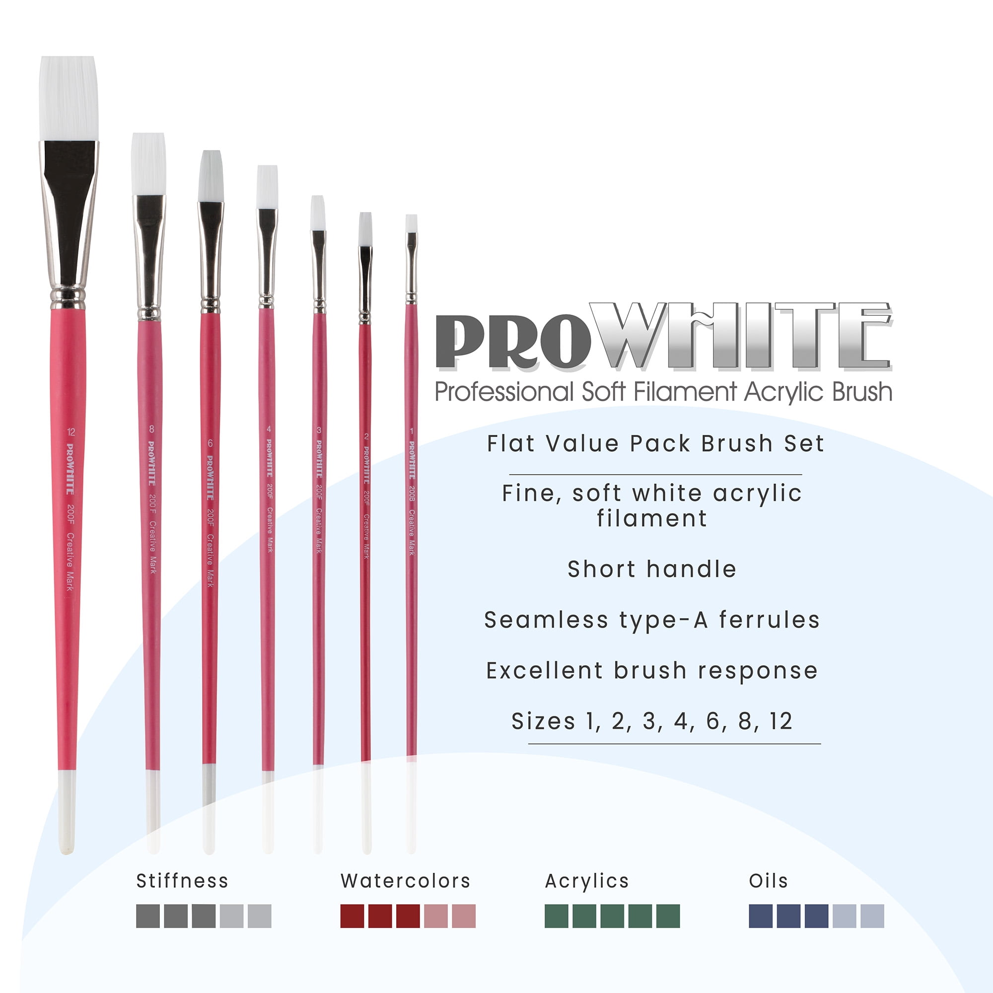 Creative Mark Pro White Soft Filament Acrylic Paint Brushes - Assorted Flat Set of 7 - Seamless Ferrule - Short Wood Handle Brushes for Acrylic Painting Acrylic Gouache, Oils & Casein