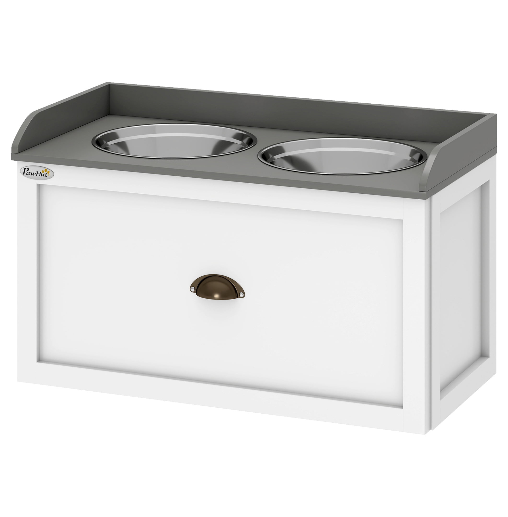 Elevated Dog Bowls with Storage, Pet Feeding Station for Large Dogs, 2 Stainless Steel Bowls, White Dog Diner