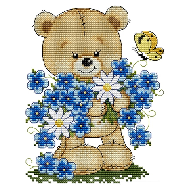 (3) Hilo Algodón Ecológico 14CT Impresión 2 Hilos 21*17CM Osito Envía Flores (Impresión) Kit Serie Dibujos Animados en Punto Cruz (Instrucciones en Inglés) C414