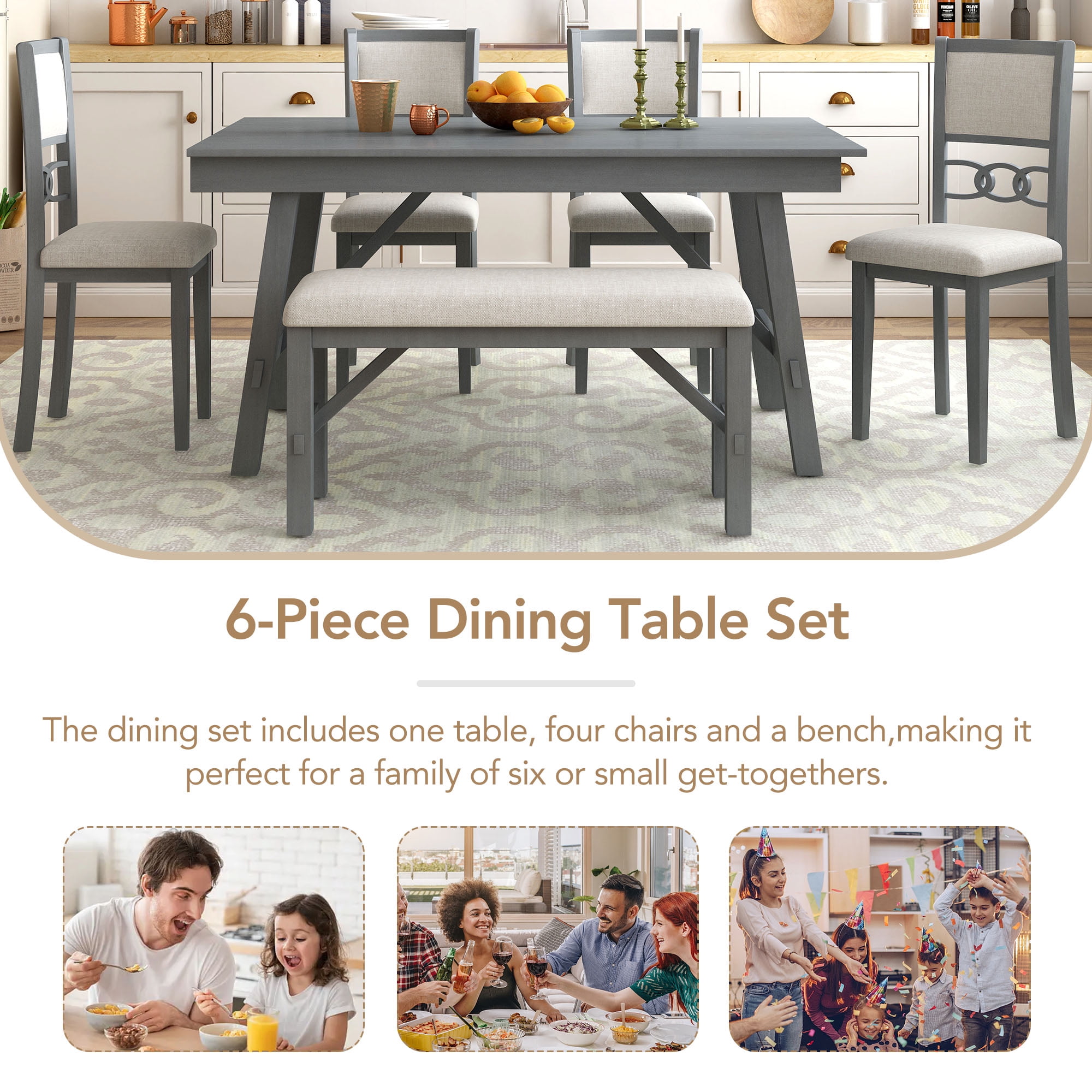 Dining Table Set for 6 Dining Room Set with Bench and 4