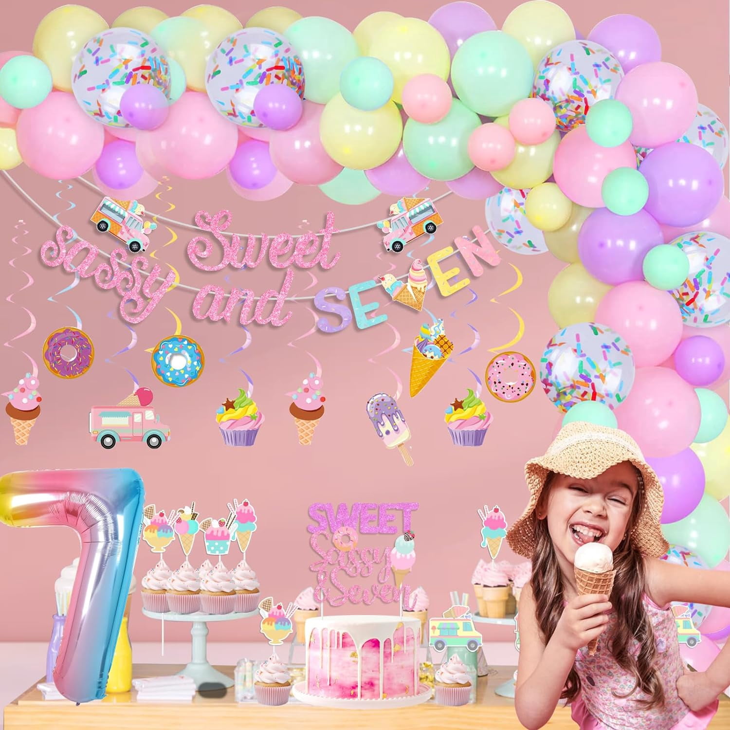 Sweet Sassy And Seven Birthday Decoration, Ice Cream 7th Birthday Decoration Banner Cake Cupcake Topper Hanging Swirls Balloon Garland Arch Kit for Girl Summer Ice Cream Theme 7th Birthday