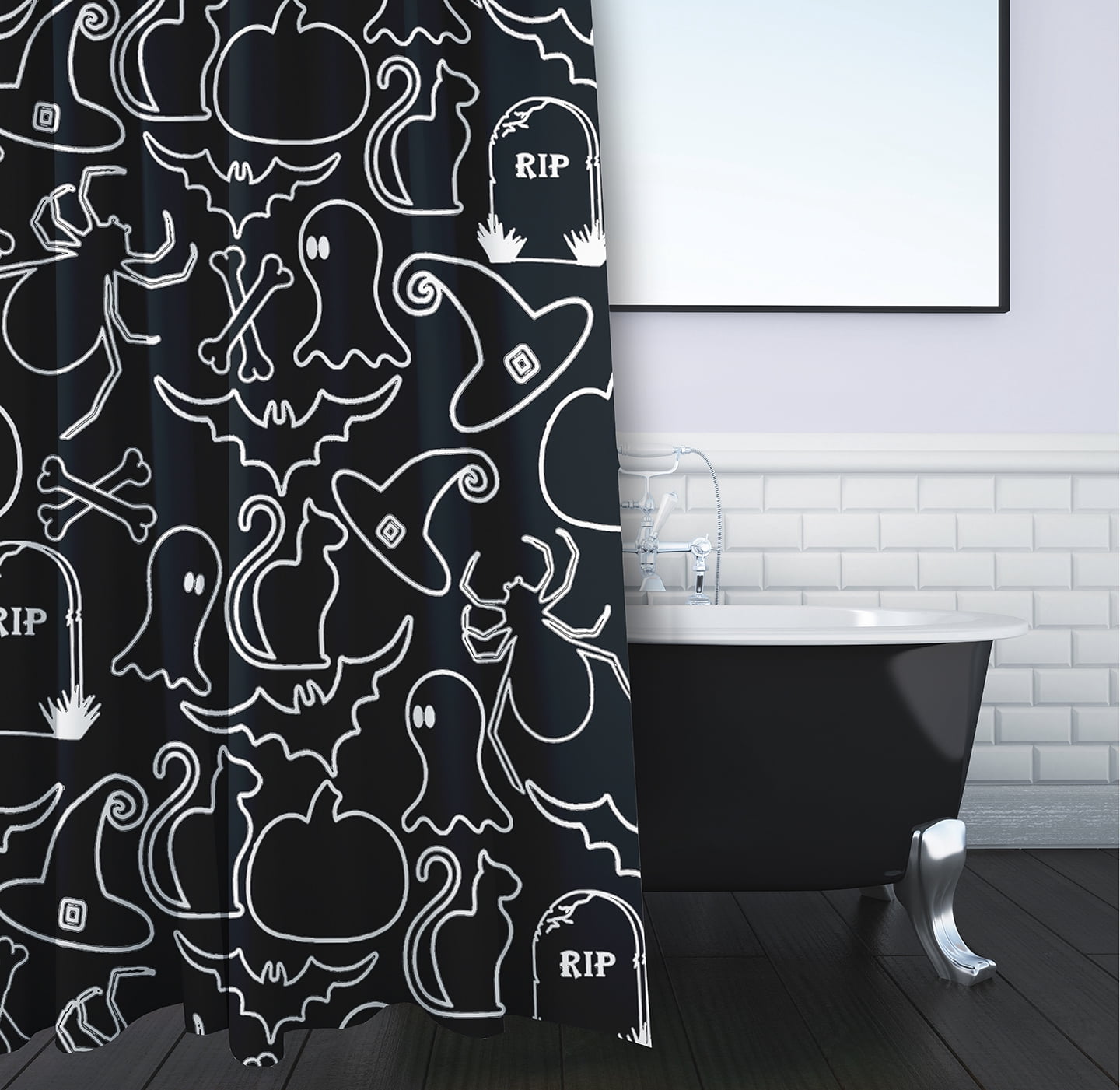 Simply Daisy 70" W x 73" L Halloween Halloween Outlines Polyester Shower Curtain, Black [1 Ct]