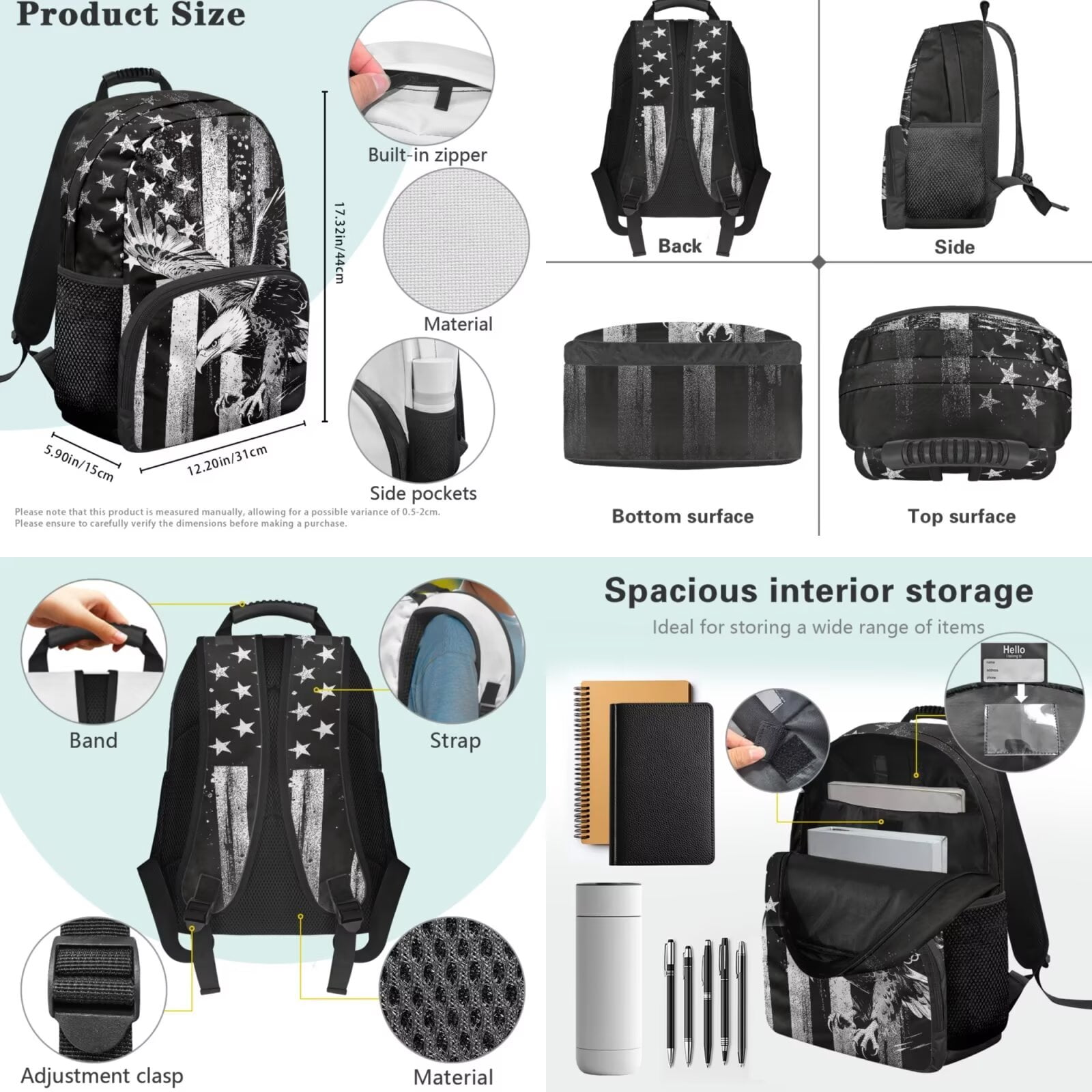 XYZCANDO Eagle Flag 4Pcs Kids Backpack for Boys with Portable Lunch Bag Multifunctional Pencil Case Water Bottle Bag Suitable Cool Bookbags for Toddler Kids