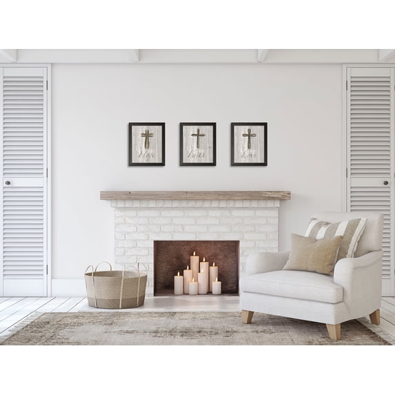 Gango Home Decor Contemporary Words for Worship Faith, Hope & Love on Wood; Three 11x14in Art Prints in Black Frames