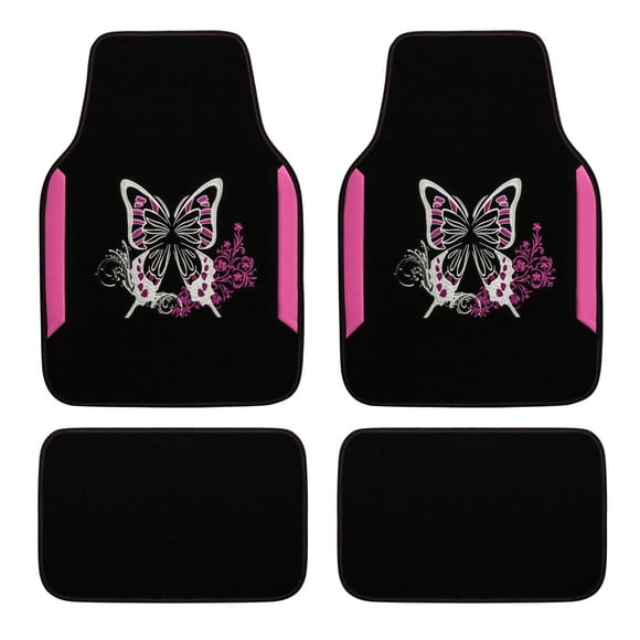 CAR Pass Embroidery Butterfly Car Floor Mats, Leather Pink Carpet Floor mats with Heel Pad for Cute Women Girl, Universal Fit for Suvs,Sedans,Trucks,Cars, Set of 4 (Black and Pink)