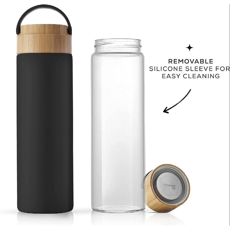 ORIGIN - WIDEMOUTH Glass Water Bottle With Protective Silicone Sleeve and  Bamboo Lid - Dishwasher Safe