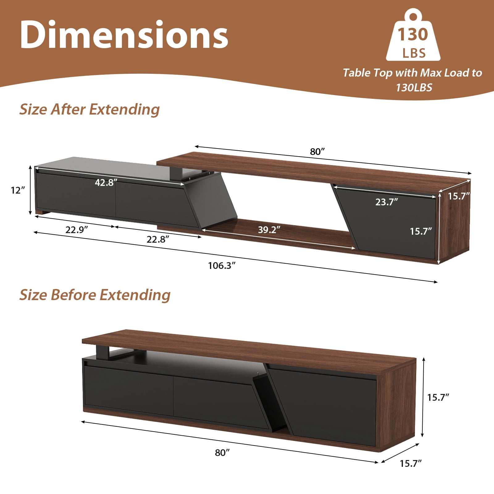 JOIVI Extendable LED TV Stand, Modern Entertainment Center with 2 Drawers, Sliding Tabletop Media Console with Storage Cabinet for Living Room, 71.0" - 106.3", Black