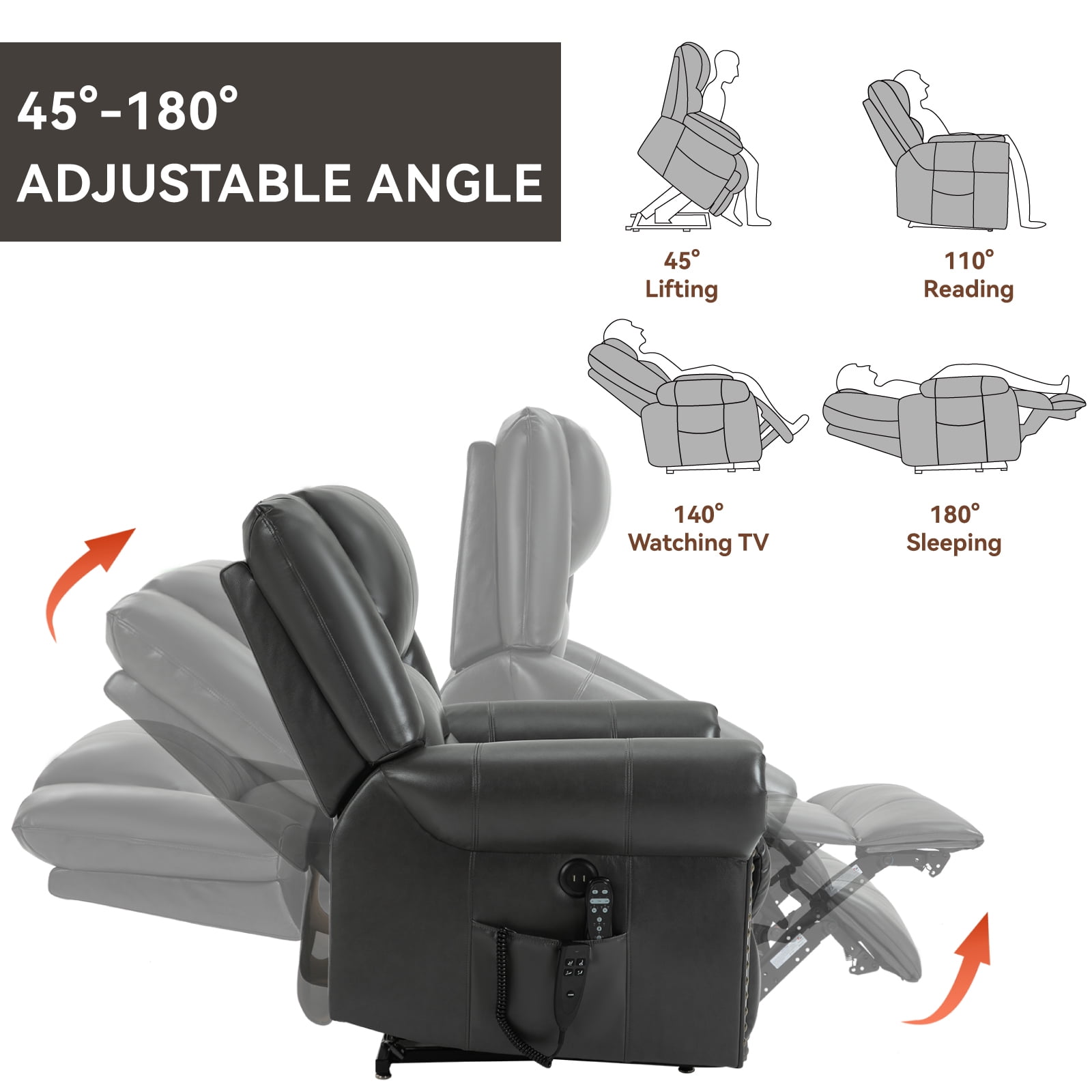 Alvantor Large Power Lift Recliner Chair for Elderly with Massage and Heat Faux Leather Electric Recliners Chair with USB Ports for Living Room Gray