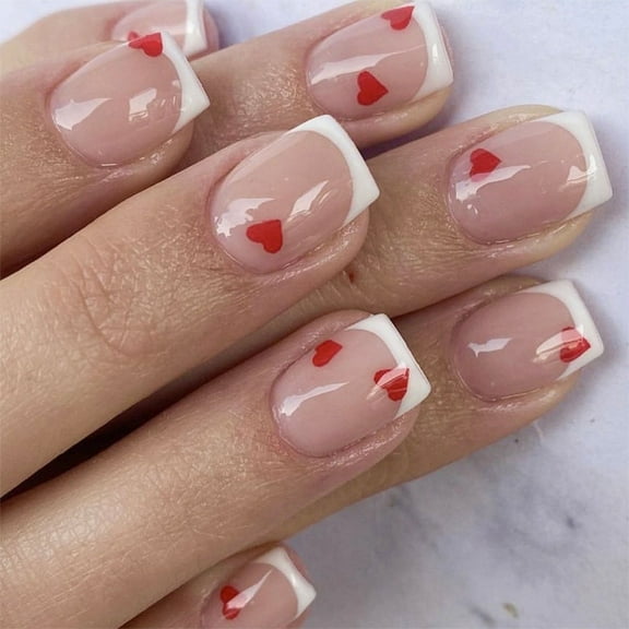 24 Pcs Valentines Day Press On Nail Short Square False Nail Heart Stick on Nail White French Tip Acrylic Nail