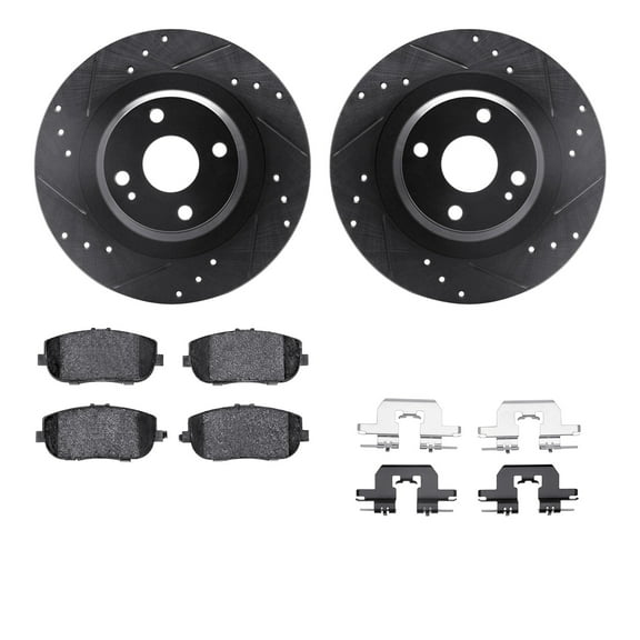 Dynamic Friction Company Rear Brake Rotors-Drilled and Slotted-Black with 5000 Advanced Brake Pads includes Hardware 8512-80072