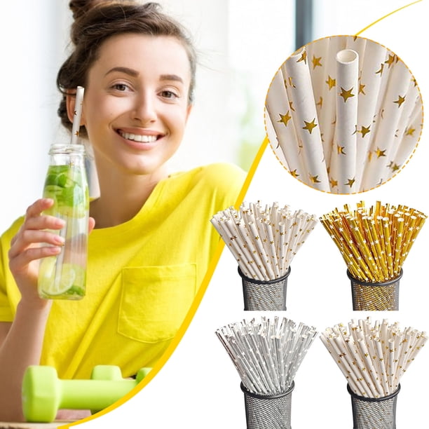 Pajitas de Papel Desechables, Diseño Ecológico con Revestimiento Dorado, Resistentes y Seguras para Bebidas Frías y Calientes, Perfectas para Fiestas y Celebraciones, Paquete de 100, Sin Quí