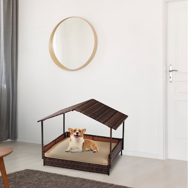 Dog House, Elevated Rattan Dog Bed with Canopy and Washable Cushion Cover, Indoor Outdoor Raised Pet House for Small Medium Dogs Cats, Brown