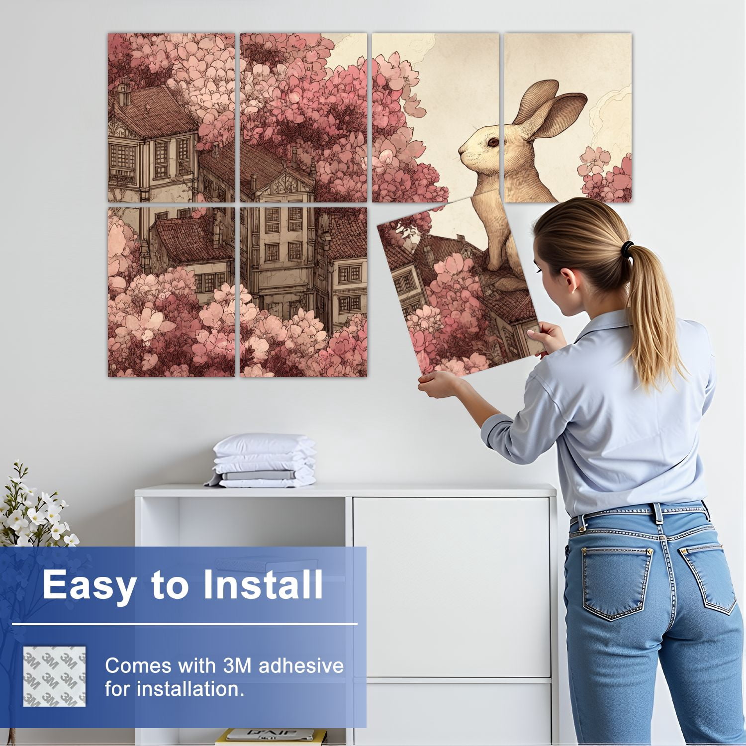 8 Pack Art Acoustic Panels Whimsical Giant Rabbit Surrealism Vintage Landscape Anthropomorphic Self Adhesive Sound Absorbing Panels for Home Office Studio Media Room 48"x32"