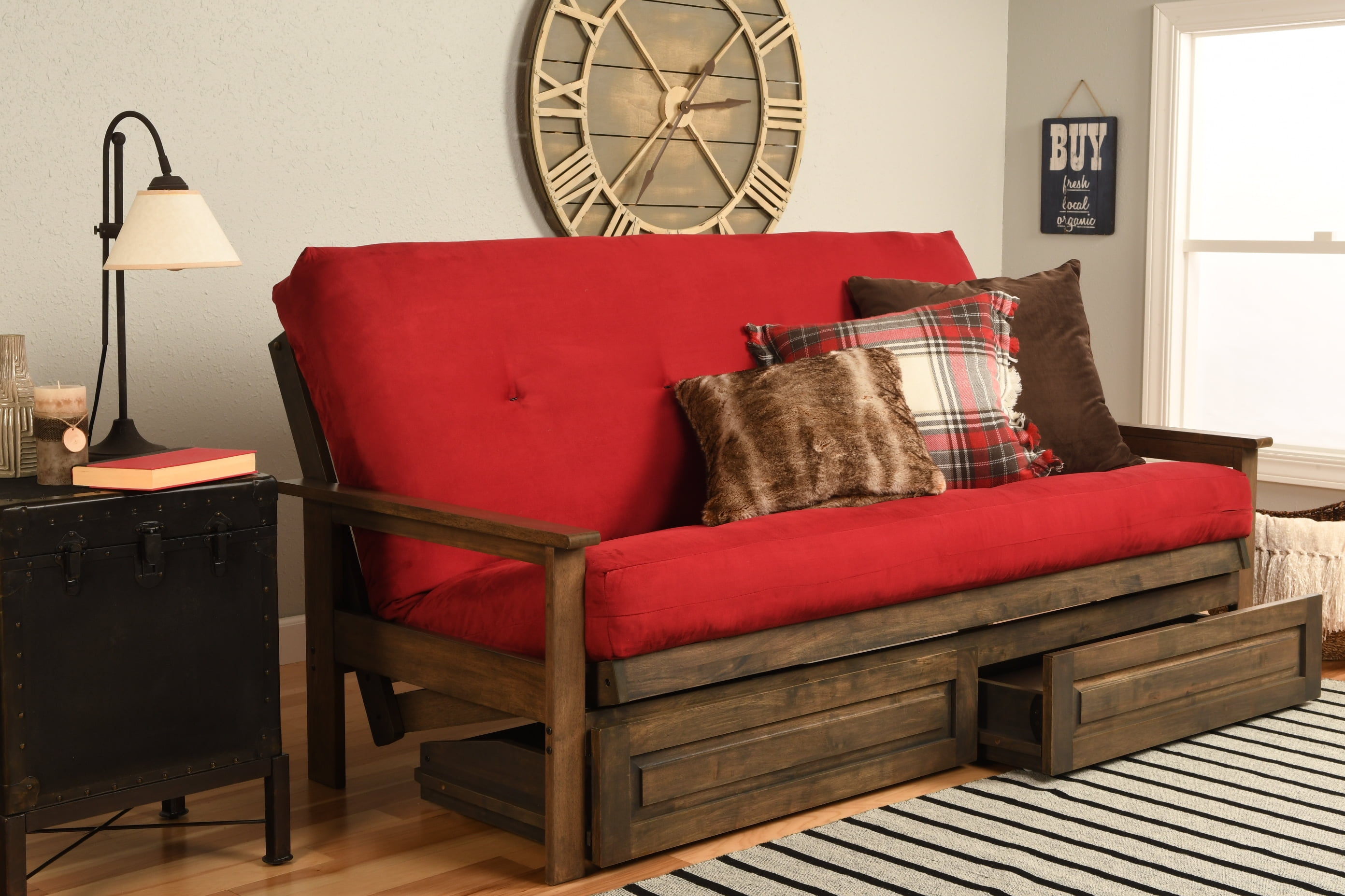 Albany Futon with storage in Rustic Walnut Finish, Multiple Suede Colors