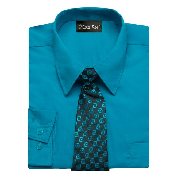 OLIVIA KOO Boys Kids Long Sleeve Solid Color Dress Shirts With Matching Windsor Tie Set,Turq,12