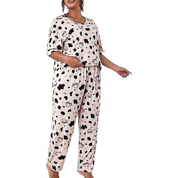 CQXIDFH Pajamas for Women Plus Size Cow Print Short Sleeve Top and Pants Pajama Set Sleepwear 2 Piece Pjs Casual Lounge Home Wear