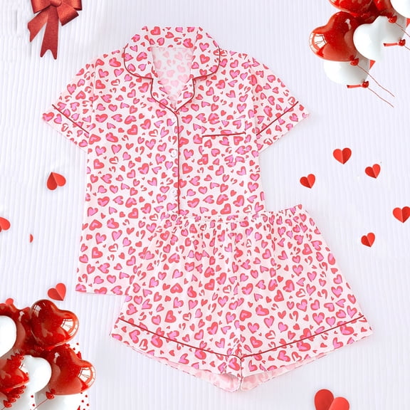 QUNYINEY Love Heart Pajamas for Women Set Comfy 2 Piece Short Sleeve Button Down Top And Pants with Pockets Notch Collar Womens Loungewear
