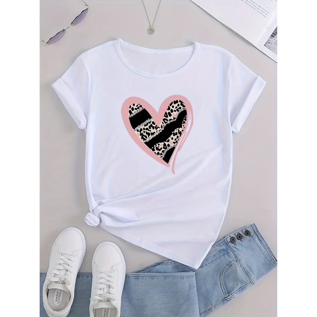 Casual Sports Loose Heart Graphic T-shirt, Leopard Print Round Neck Letter Printed Summer Sports Workout Top, Women's Tops