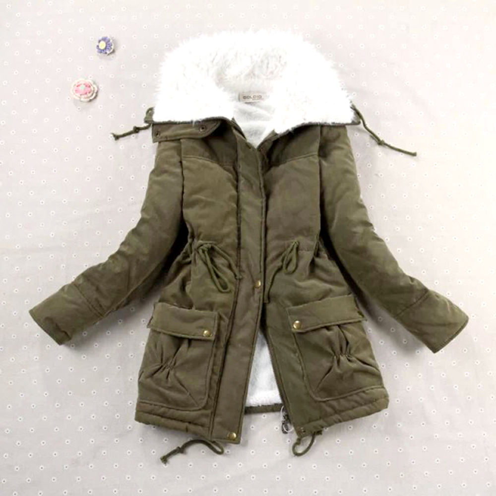 Women's Winter Thickened Warm Coat with Artificial Fur Lining Slim Overcoat Padded Jacket for Women Outwear Wear Comfortable with Waist Tie  M Army Green - image 1 of 8