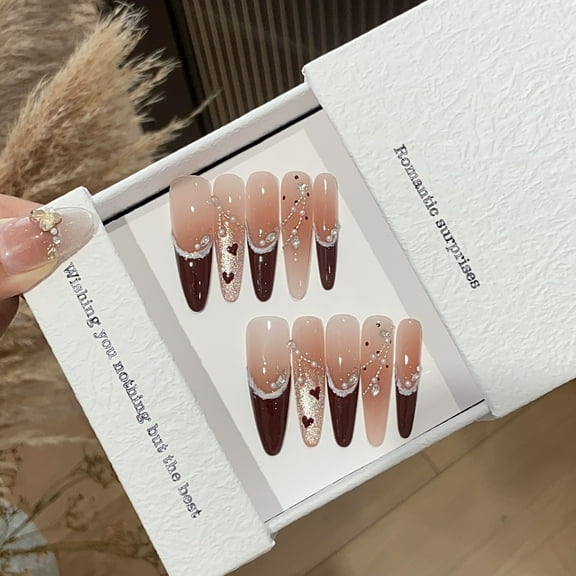 Heart French Tip Glitter Handmade Press on Nails for Women Birthday Prom Everyday Extra Long Almond Burgundy Fake Nails