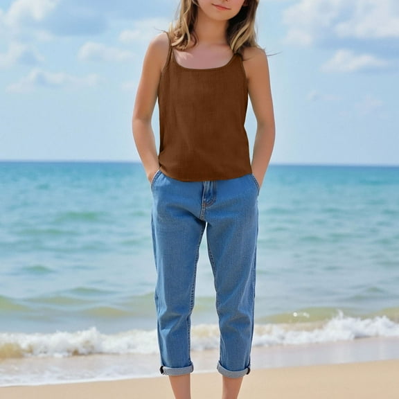 qolati Girls Tank Tops Sleeveless Spaghetti Strap T-Shirt Casual Solid Color Vest Blouse Dressy Casual Summer Shirts