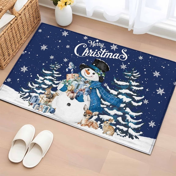 Navy Blue Christmas Entryway Rug 2'x3' Non Slip Front Door Mats, Snowman Xmas Snowflake Gifts Winter Entrance Rugs Indoor Outdoor Carpet, Washable Floor Mats Small Area Rug for Bedroom Kitchen