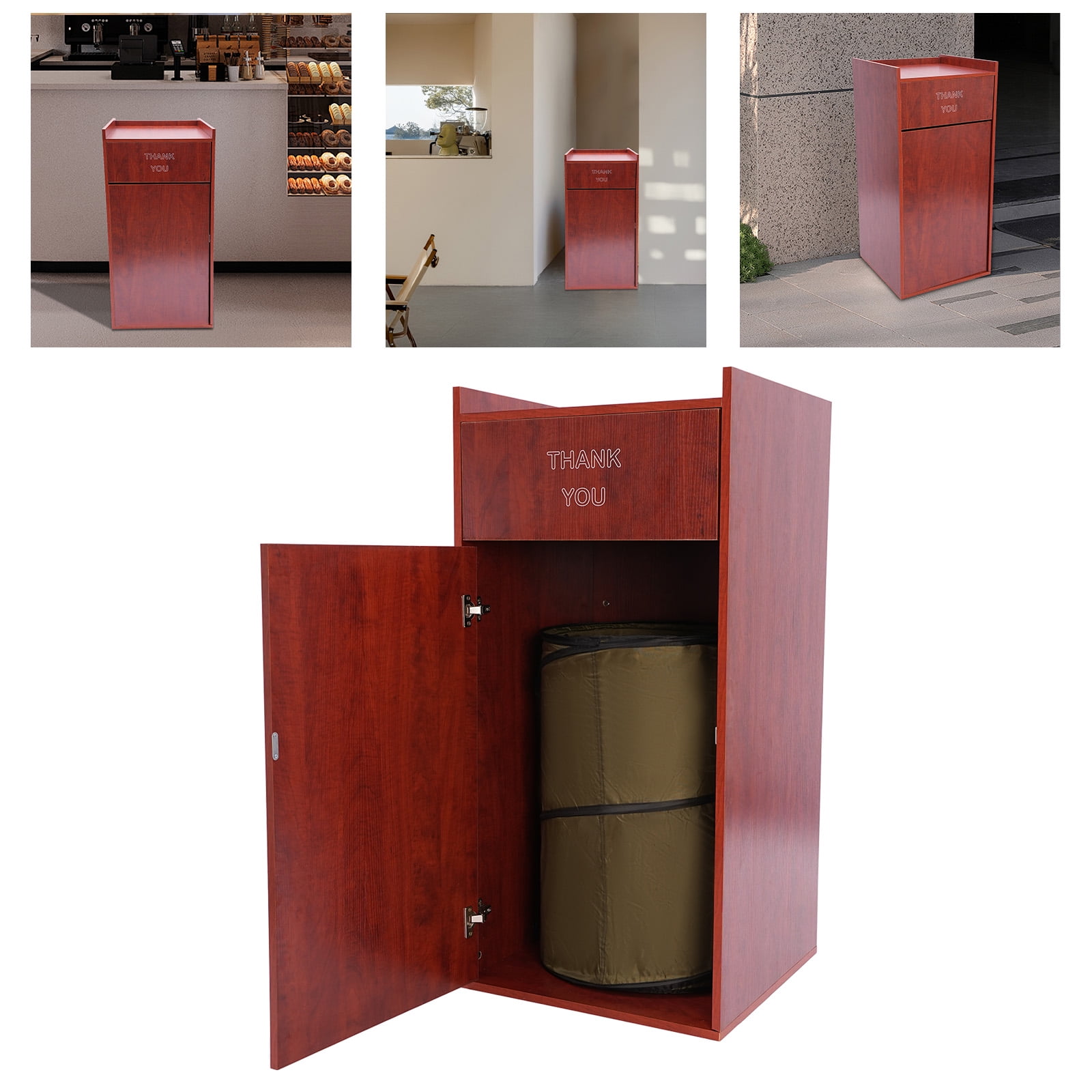 Wooden Trash Can with Tray Top, 30 Gallon Garbage Receptacle Cabinet, Commercial Grade Rubbish Bin for Office Cafeteria Restaurant (Brown)
