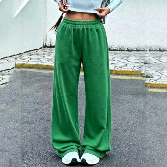 WULMLEO Women’s Elastic Gathered High Waist Wide Leg Sweatpants, No Drawstring Loose Full Length Straight Palazzo Casual Lounge Athletic Trousers Green S